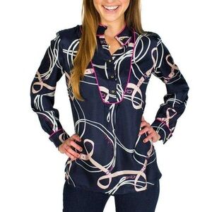 Sail To Sable Blouse On Bleeker Loop in Navy & Pink Country Club Prep XS Silk